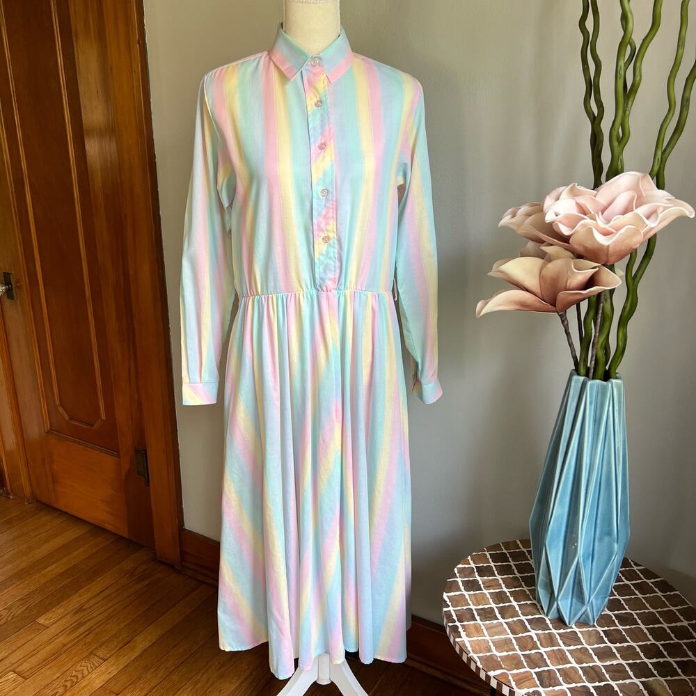 EJM Pastel Rainbow‎ Shirt Dress 70s Vintage Long Sleeve Colorful Size 10